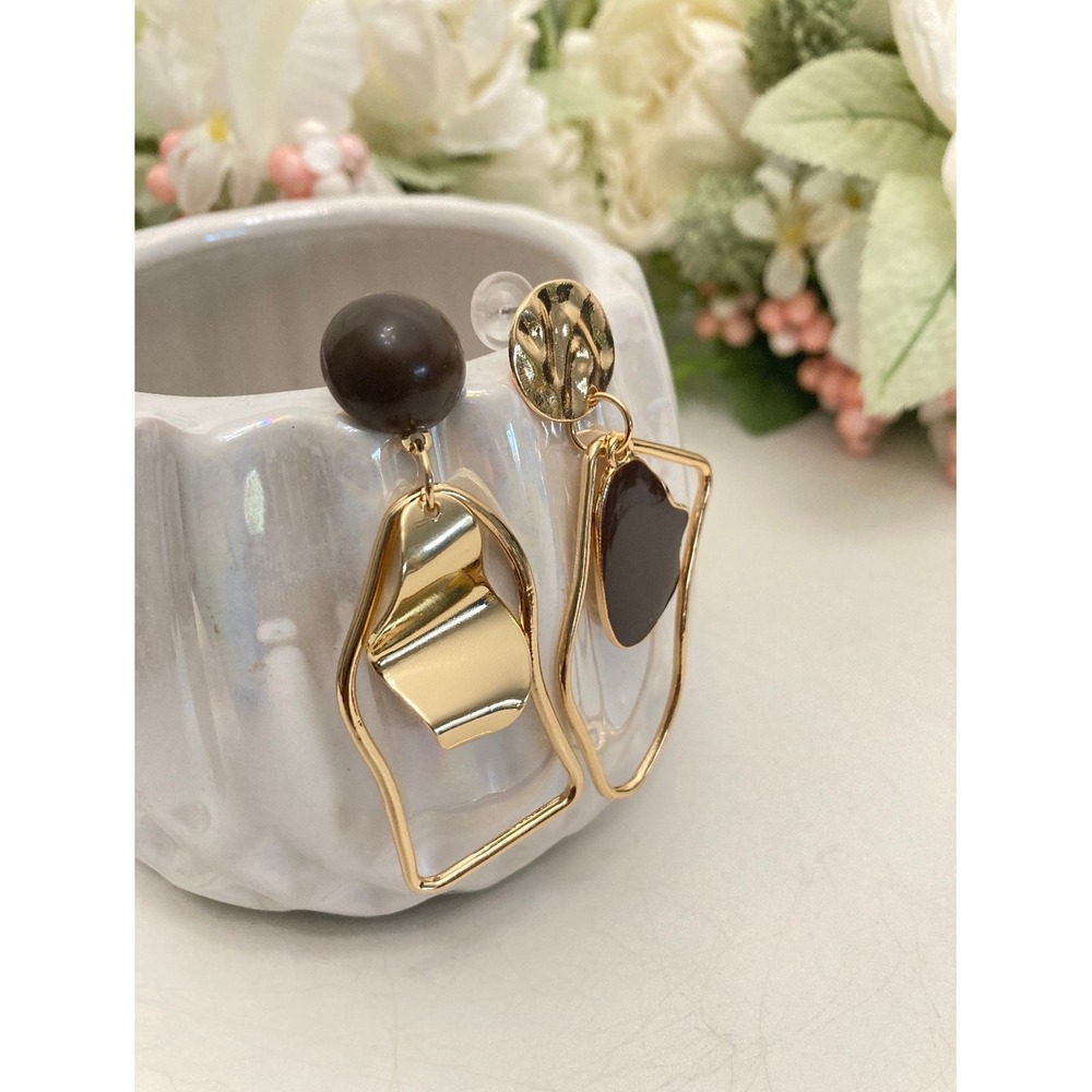 Gold Abstract Geometric Statement Drop Earrings Boho Asymmetrical Artsy - Picture 9 of 15